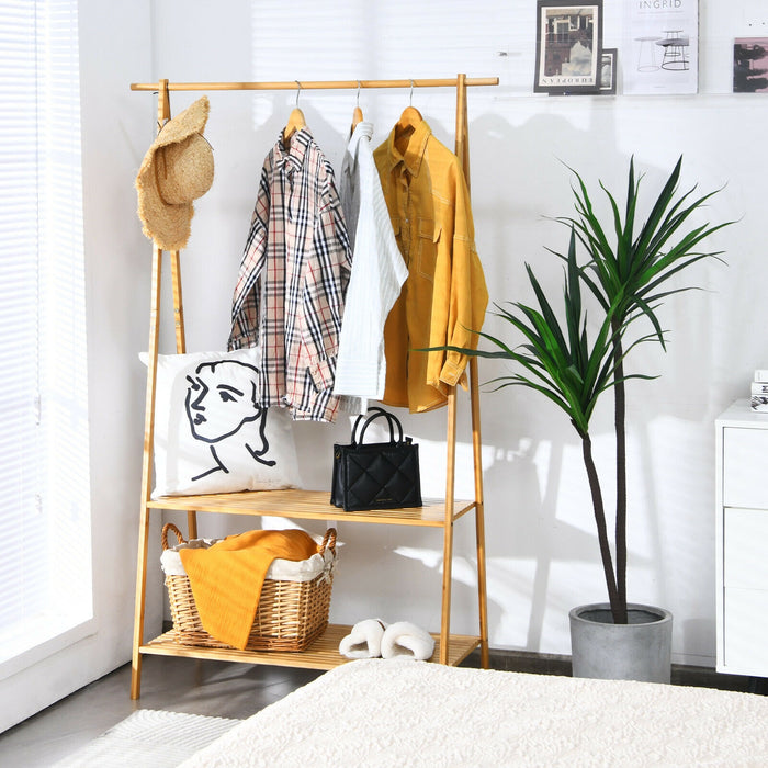 Bamboo Clothes Hanging Rack with 2-Tier Storage Shelf for Entryway Bedroom-Natural