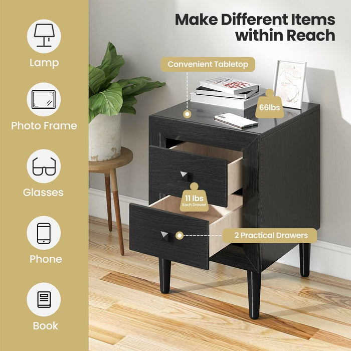 2 Pieces Multipurpose Retro Nightstand with 2 Drawers-Black