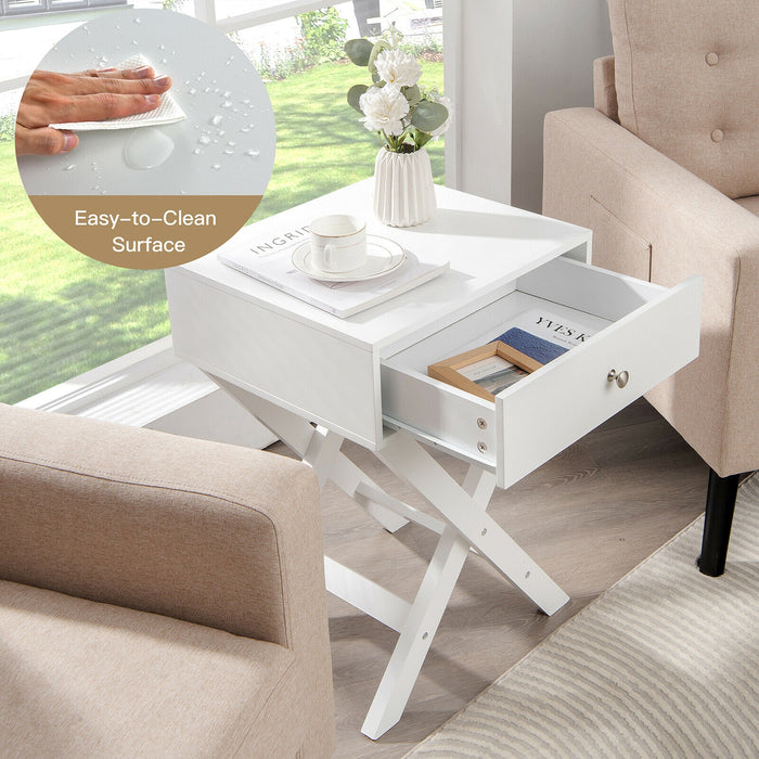 Modern X-Shaped Nightstand with Drawer for Living Room Bedroom-White