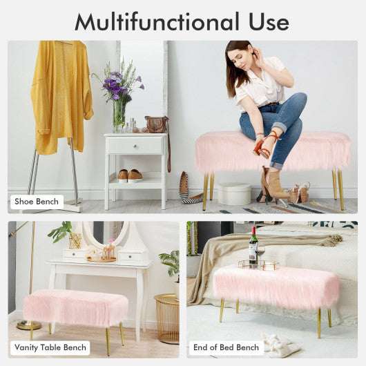 Upholstered Faux Fur Vanity Stool with Golden Legs for Makeup Room-Pink