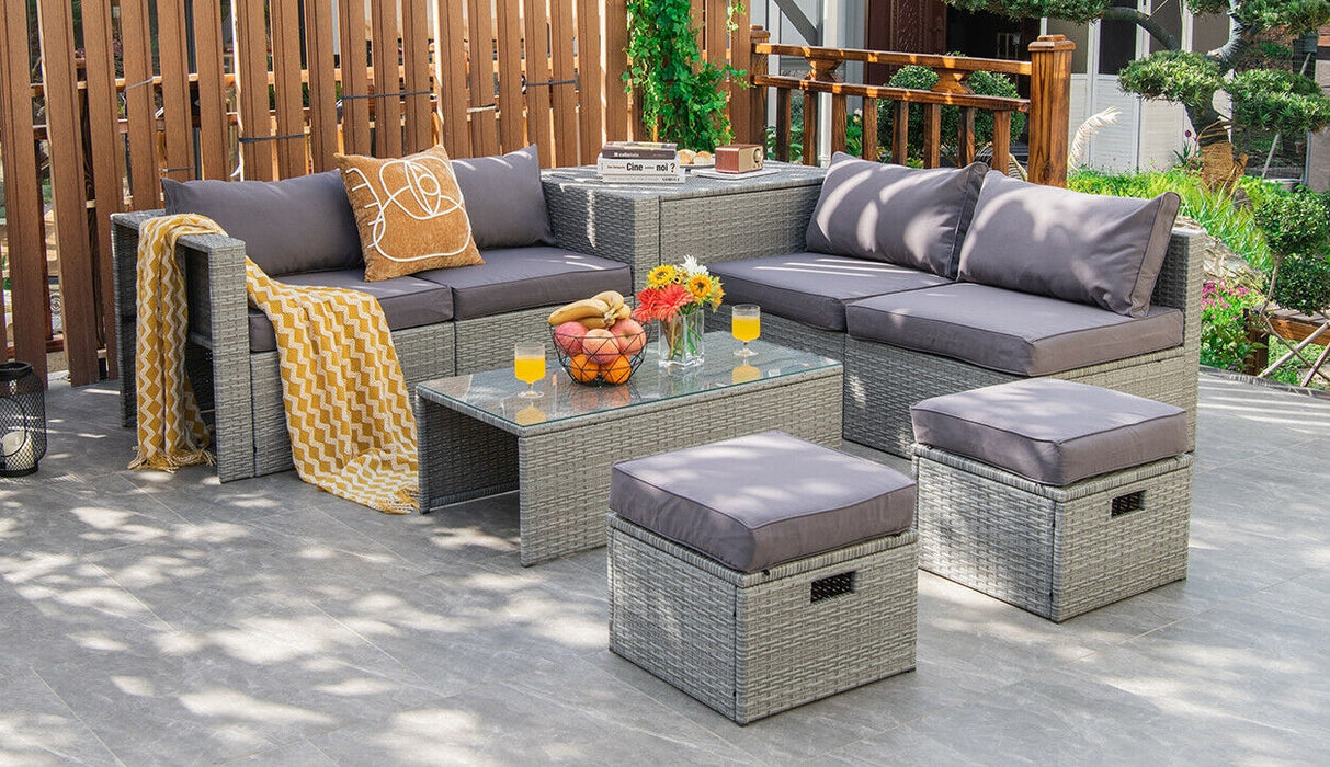 8 Pieces Patio Rattan Furniture Set with Storage Waterproof Cover and Cushion-Gray