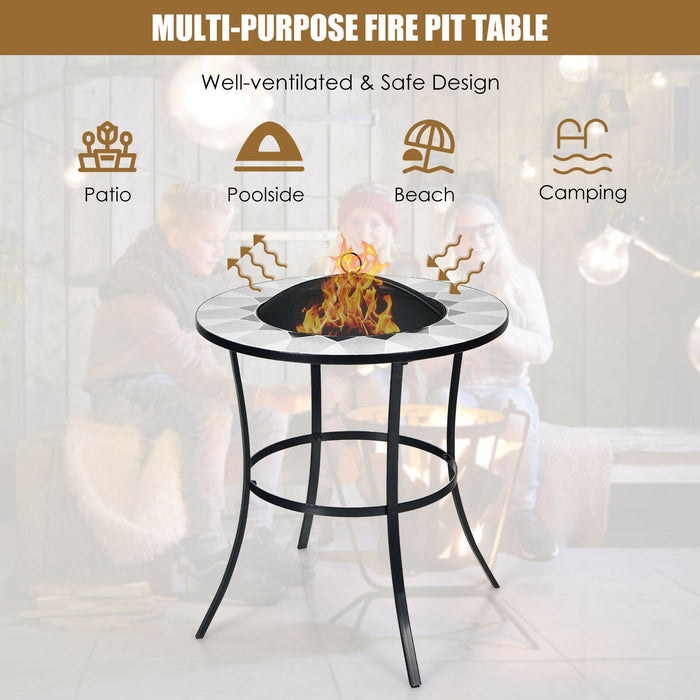 23.5 Inches Round Fire Pit Table with Mesh Cover and Fire Poker