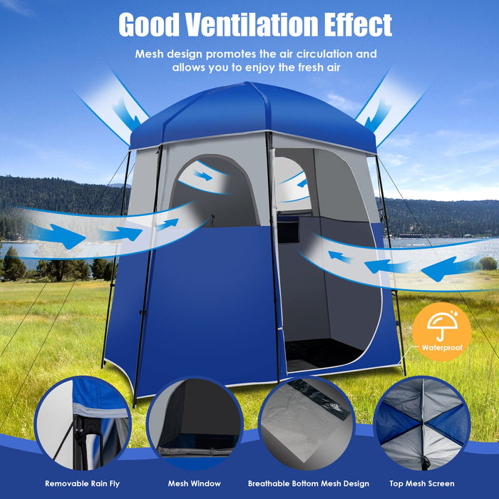 Double-Room Camping Toilet Tent with Floor and Portable Storage Bag-Blue