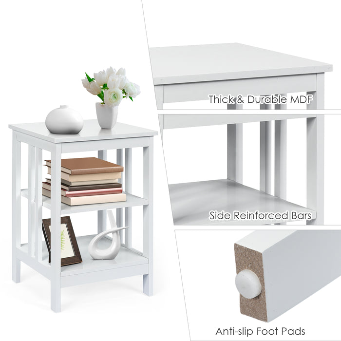 3-Tier Nightstand Sofa Side Table with Baffles and Round Corners-White