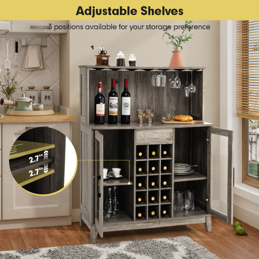 Storage Bar Cabinet with Framed Tempered Glass Door-Gray