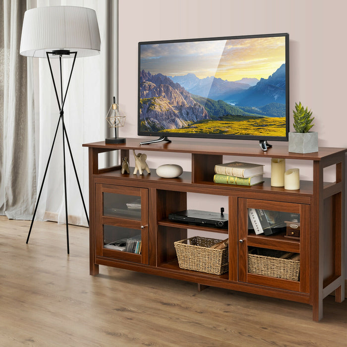 58 Inch TV Stand Console Center with 2 Cabinets and Open Shelf-Walnut