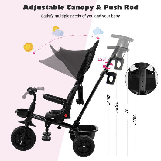 4-in-1 Reversible Toddler Tricycle with Height Adjustable Push Handle-Black