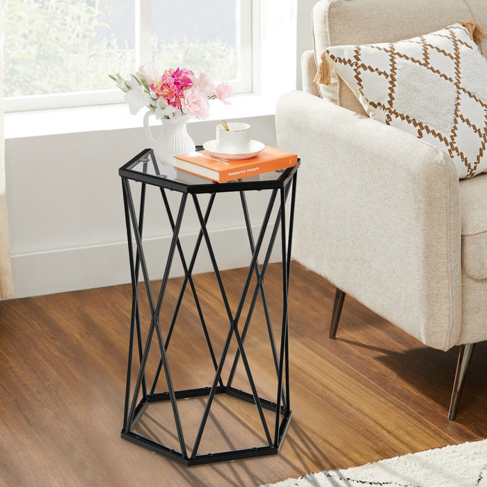 Hexagonal Accent End Table with Tempered Glass Top and Metal Frame