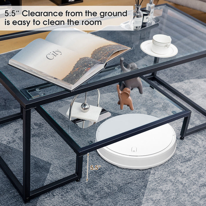 Modern 2-Tier Rectangular Coffee Table with Glass Table Top-Black