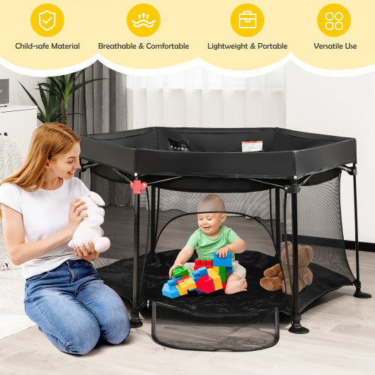 53 Inch Outdoor Baby Playpen with Canopy and Carrying Bag Portable Play Yard Toddlers-Black