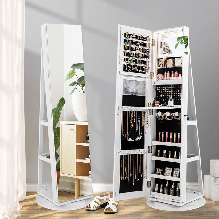 360Â° Rotating Mirrored Jewelry Cabinet Armoire 3 Color LED Modes Lockable-White