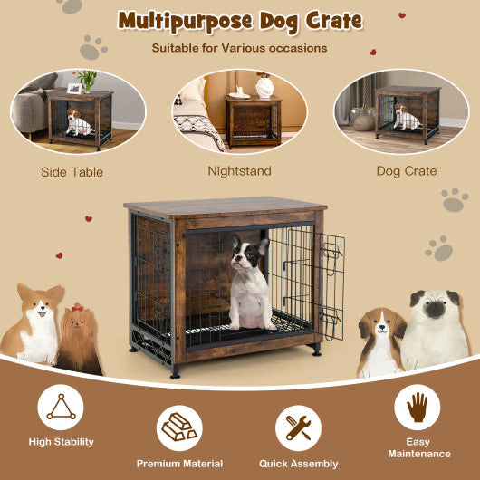 Wooden Dog Crate Furniture with Tray and Double Door-Brown