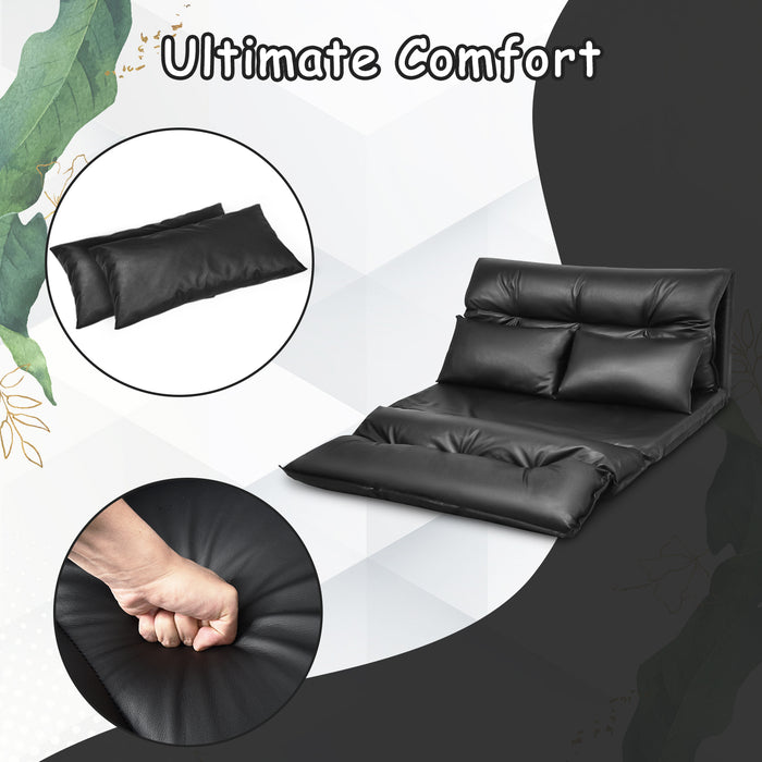 Foldable PU Leather Leisure Floor Sofa Bed with 2 Pillows-Black