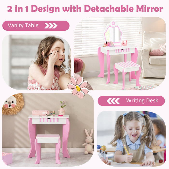 2-in-1 Toddler Vanity Set with Detachable Top & Cute Flower Patterns-White