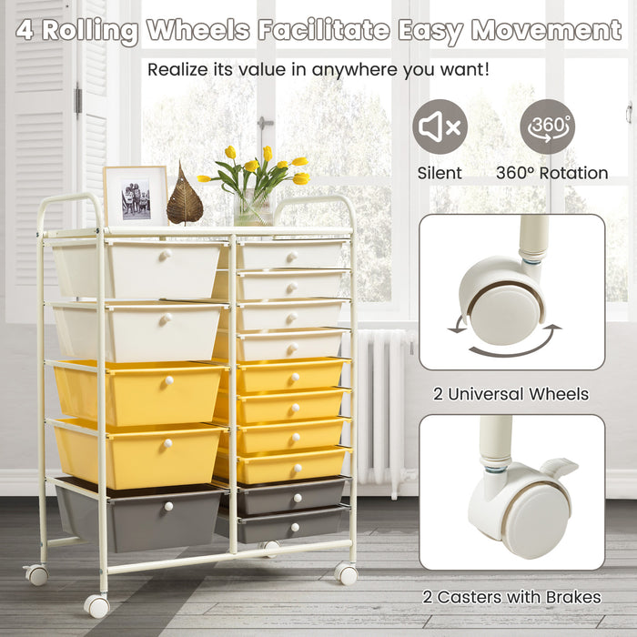 15-Drawer Storage Rolling Organizer Cart-Yellow