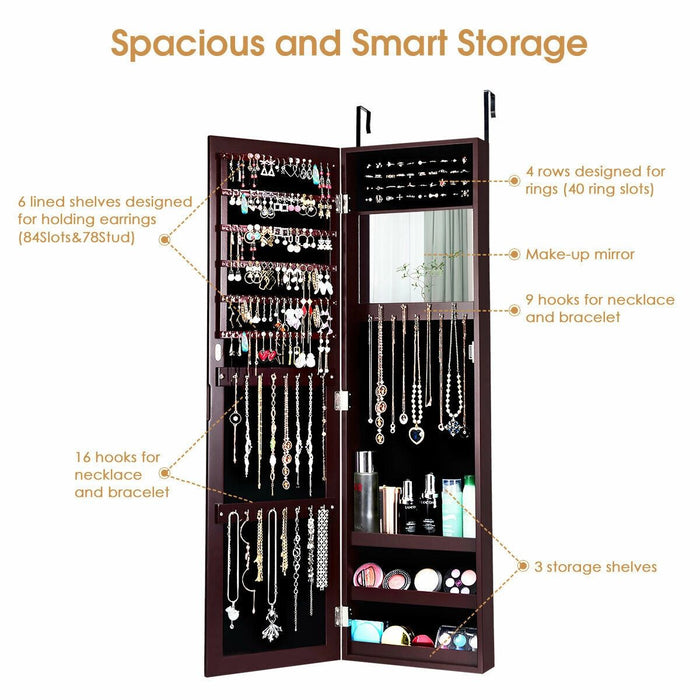 Full Length Mirror Jewelry Cabinet with Ring Slots and Necklace Hooks-Dark Brown