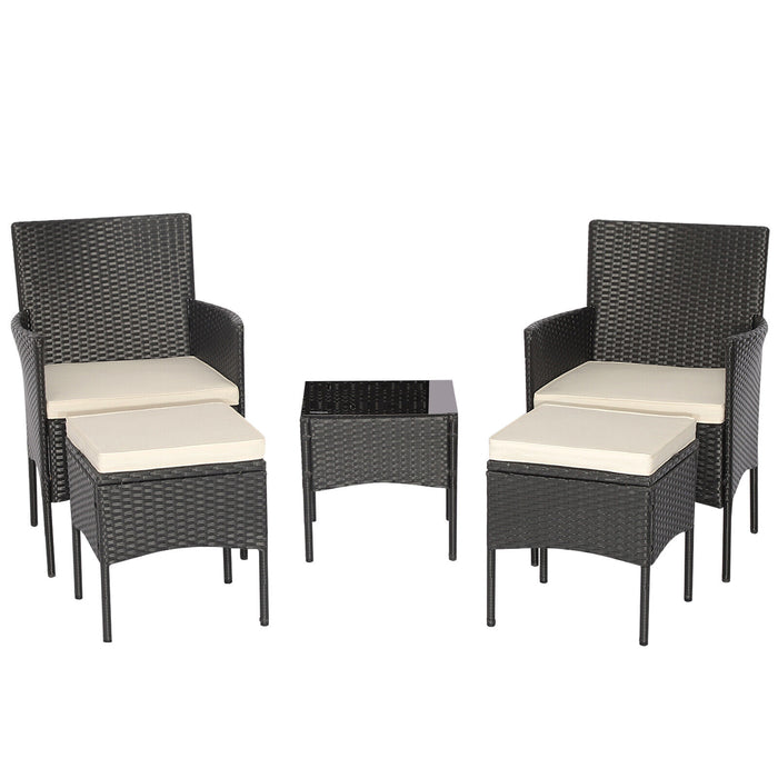 5 Pieces Outdoor Wicker Sofa Set with Coffee Table and 2 Ottomans