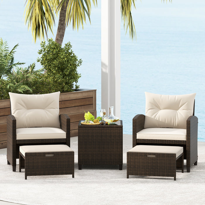 5 Pieces Patio Rattan Furniture with 2 Ottomans and Tempered Glass Coffee Table-Beige