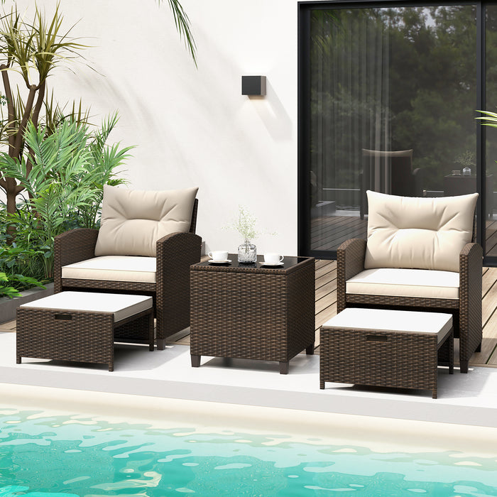 5 Pieces Patio Rattan Furniture with 2 Ottomans and Tempered Glass Coffee Table-Beige