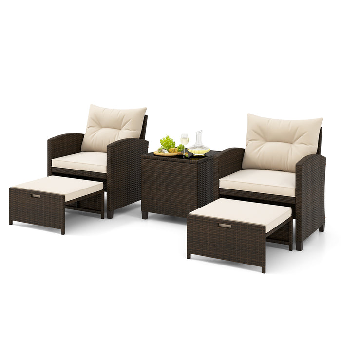 5 Pieces Patio Rattan Furniture with 2 Ottomans and Tempered Glass Coffee Table-Beige