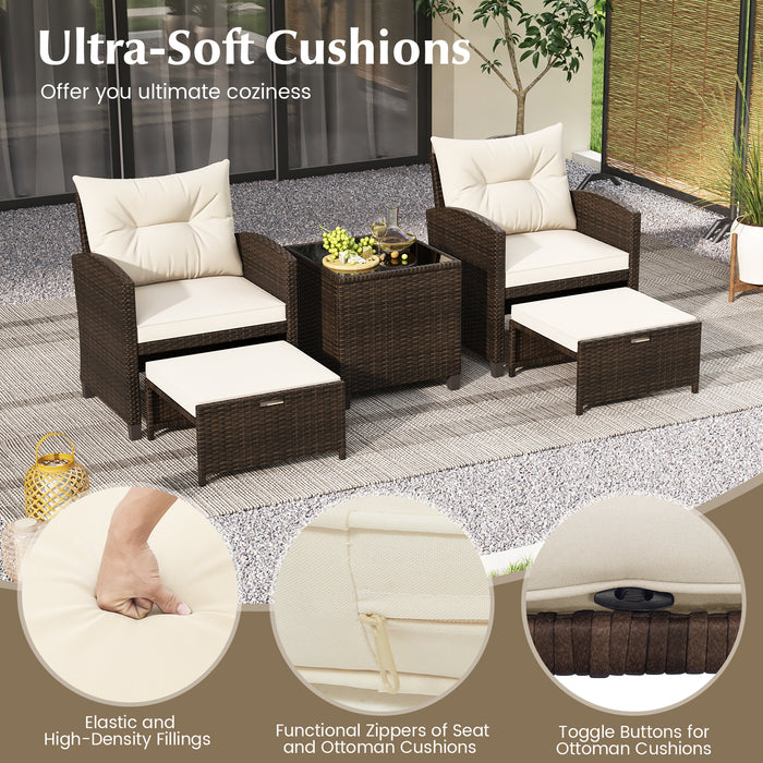 5 Pieces Patio Rattan Furniture with 2 Ottomans and Tempered Glass Coffee Table-Beige