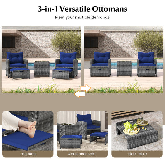 5 Piece Patio Rattan Furniture with 2 Ottomans and Tempered Glass Coffee Table-Navy