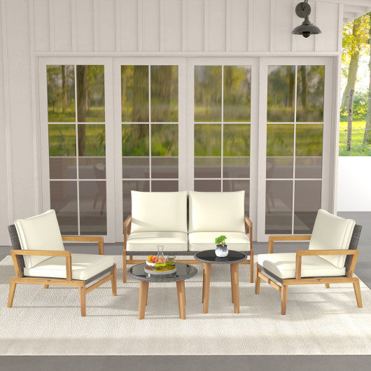 5 Piece Rattan Furniture Set Wicker Woven Sofa Set with 2 Tempered Glass Coffee Tables-Off White