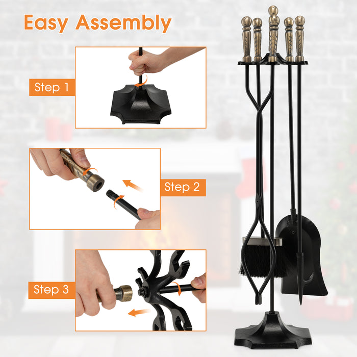 31 inch 5 Pieces Metal Fireplace Tool Set with Stand-Bronze