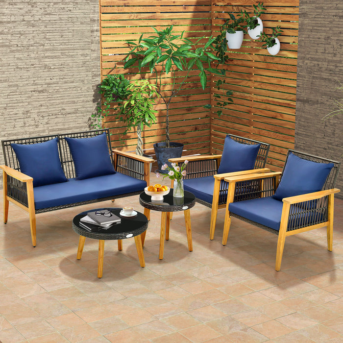 5 Piece Outdoor Conversation Set with 2 Coffee Tables for Backyard Poolside-Navy