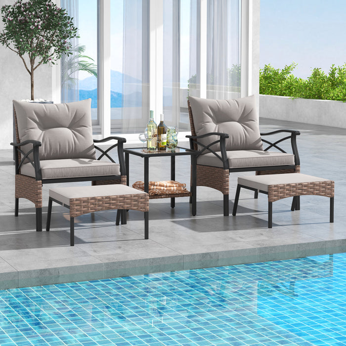 5 Pieces Wicker Patio Furniture Set Ottomans and Cushions and 2-Tier Tempered Glass Side Table-Brown