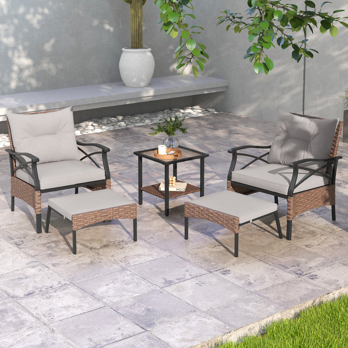 5 Pieces Wicker Patio Furniture Set Ottomans and Cushions and 2-Tier Tempered Glass Side Table-Brown