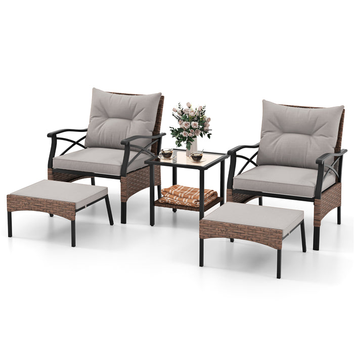 5 Pieces Wicker Patio Furniture Set Ottomans and Cushions and 2-Tier Tempered Glass Side Table-Brown