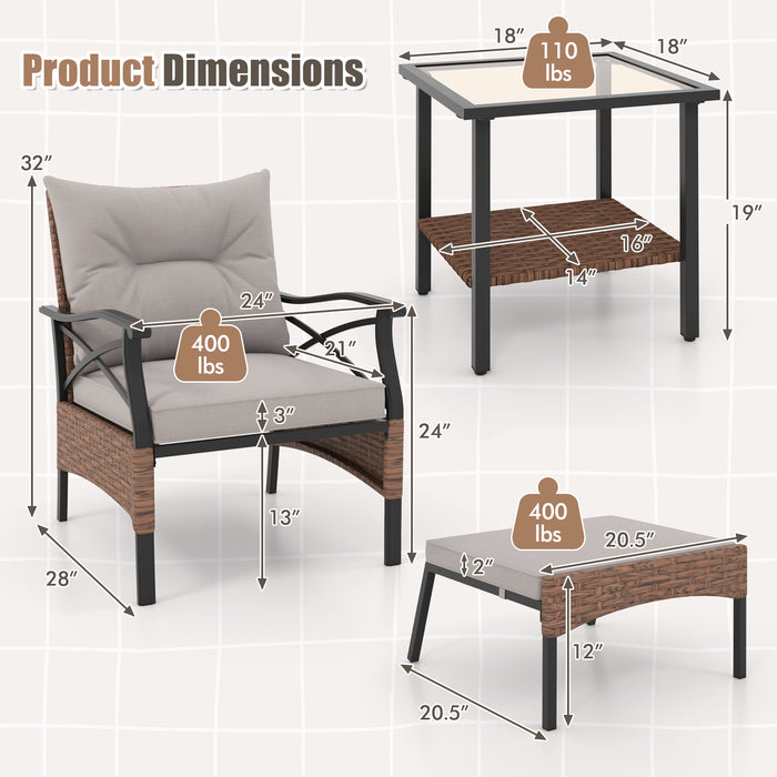 5 Pieces Wicker Patio Furniture Set Ottomans and Cushions and 2-Tier Tempered Glass Side Table-Brown