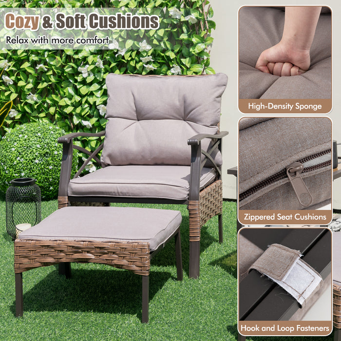 5 Pieces Wicker Patio Furniture Set Ottomans and Cushions and 2-Tier Tempered Glass Side Table-Brown