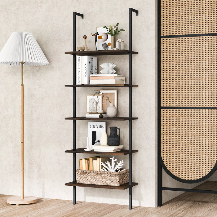 5 Tier Ladder Shelf Wall-Mounted Bookcase with Steel Frame-Brown