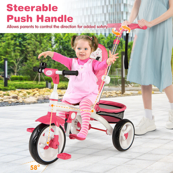 5-in-1 Detachable Baby Stroller Tricycle with Round Canopy-Pink