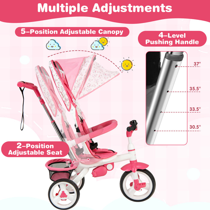 5-in-1 Detachable Baby Stroller Tricycle with Round Canopy-Pink