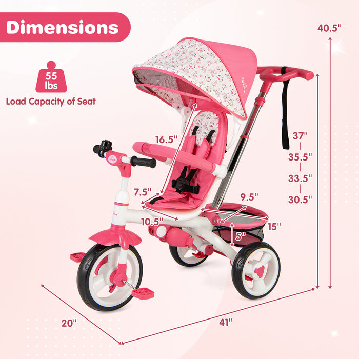 5-in-1 Detachable Baby Stroller Tricycle with Round Canopy-Pink