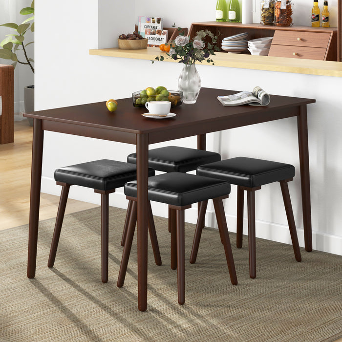 5 Piece Dining Table Set for 4 with 4 Upholstered Stools and Rubber Wood Legs-Brown