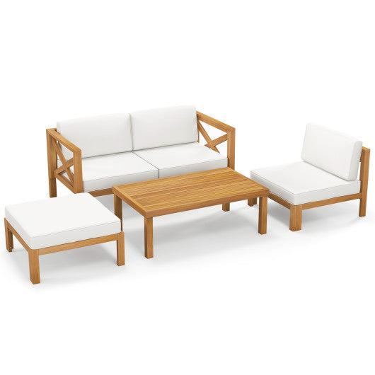 5 Piece Outdoor Conversation Furniture Set with 3 Chairs 1 Ottoman and 1 Coffee Table-White