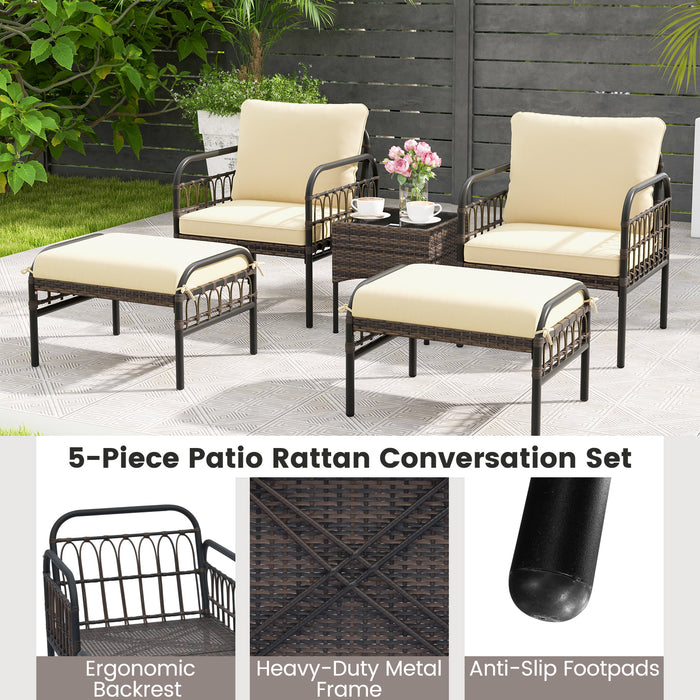 5 Piece Patio Conversation Set with Ottomans and Coffee Table