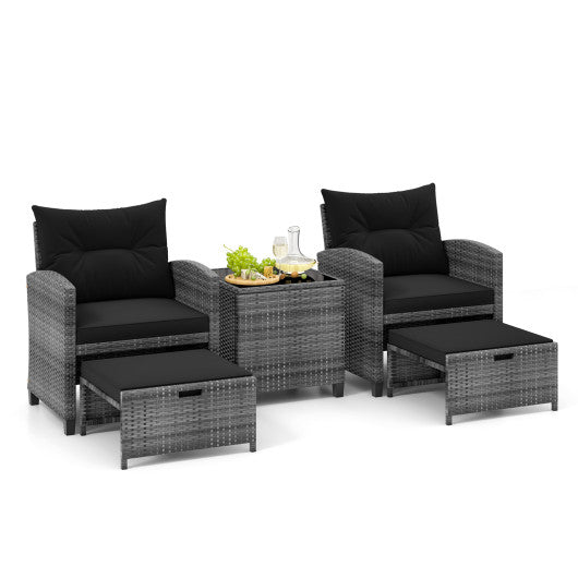 5 Piece Patio Rattan Furniture with 2 Ottomans and Tempered Glass Coffee Table-Black