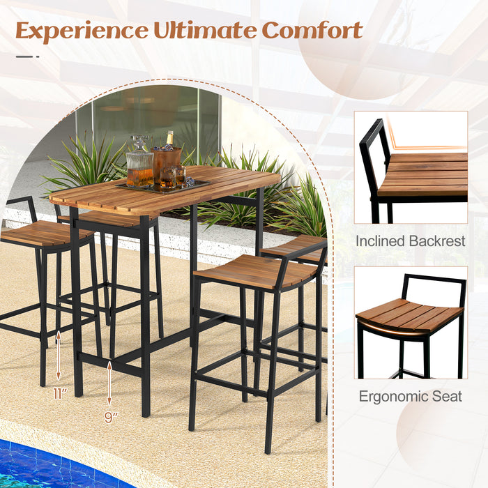 5 Piece Acacia Wood Bar Table Set Bar Height Table and Chairs with Metal Frame and Footrest