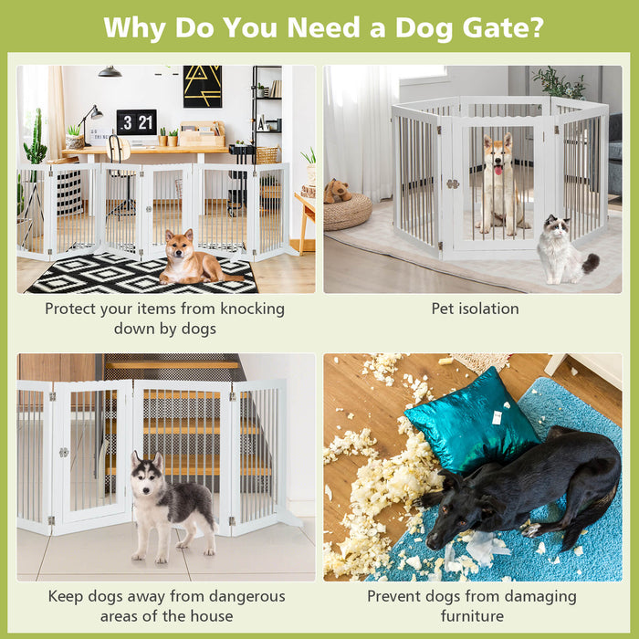 Freestanding 6-Panel Dog Gate with 4 Support Feet for Stairs-White