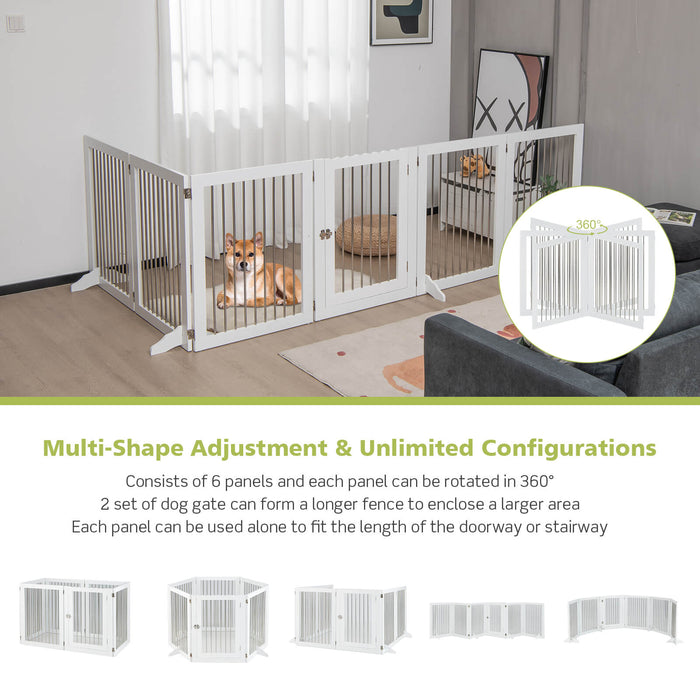 Freestanding 6-Panel Dog Gate with 4 Support Feet for Stairs-White