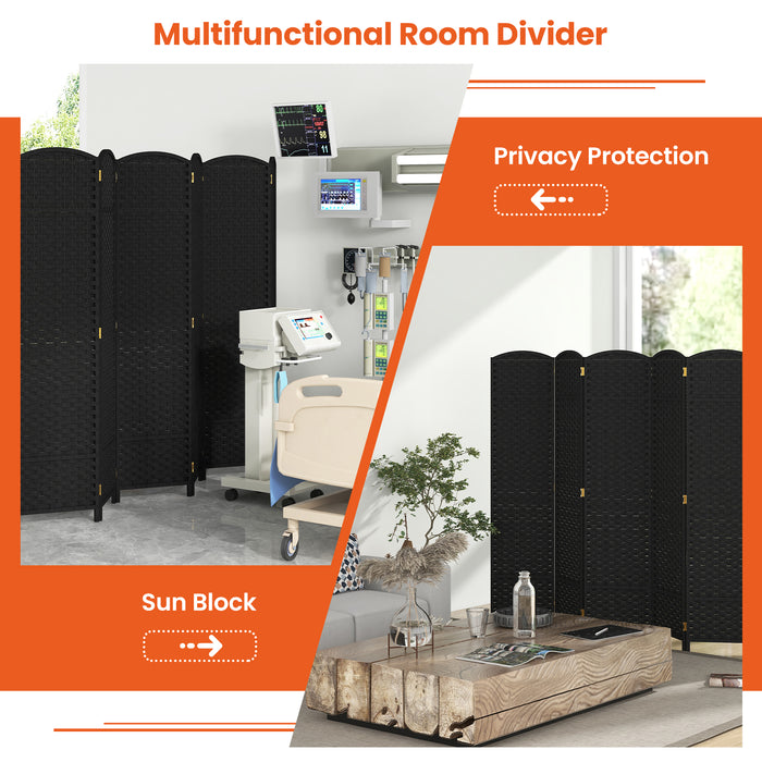 6-Panel Room Divider 5.6 FT Tall Folding Privacy Screen with Hand-woven Texture-Black