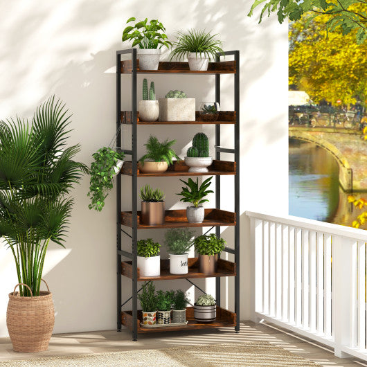 6-Tier Tall Industrial Bookcase with Open Shelves and 4 Hooks-Brown