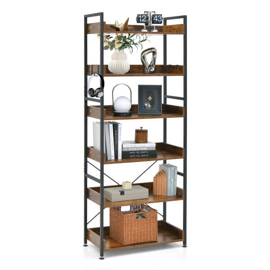 6-Tier Tall Industrial Bookcase with Open Shelves and 4 Hooks-Brown