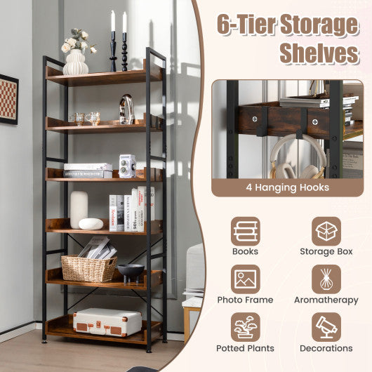 6-Tier Tall Industrial Bookcase with Open Shelves and 4 Hooks-Brown