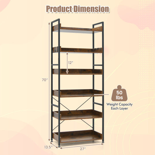 6-Tier Tall Industrial Bookcase with Open Shelves and 4 Hooks-Brown